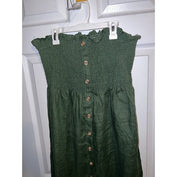 FAITHFULL THE BRAND Green Linen Smocked Sleeveless Midi Dress Button Down Sz 10 - Picture 4 of 16